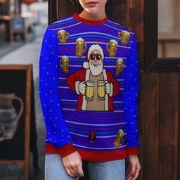 Fill Me Up Santa Beverage Dispenser Ugly Chirstmas Sweater Blue