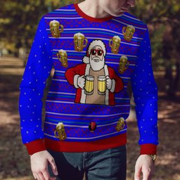 Fill Me Up Santa Beverage Dispenser Ugly Chirstmas Sweater Blue