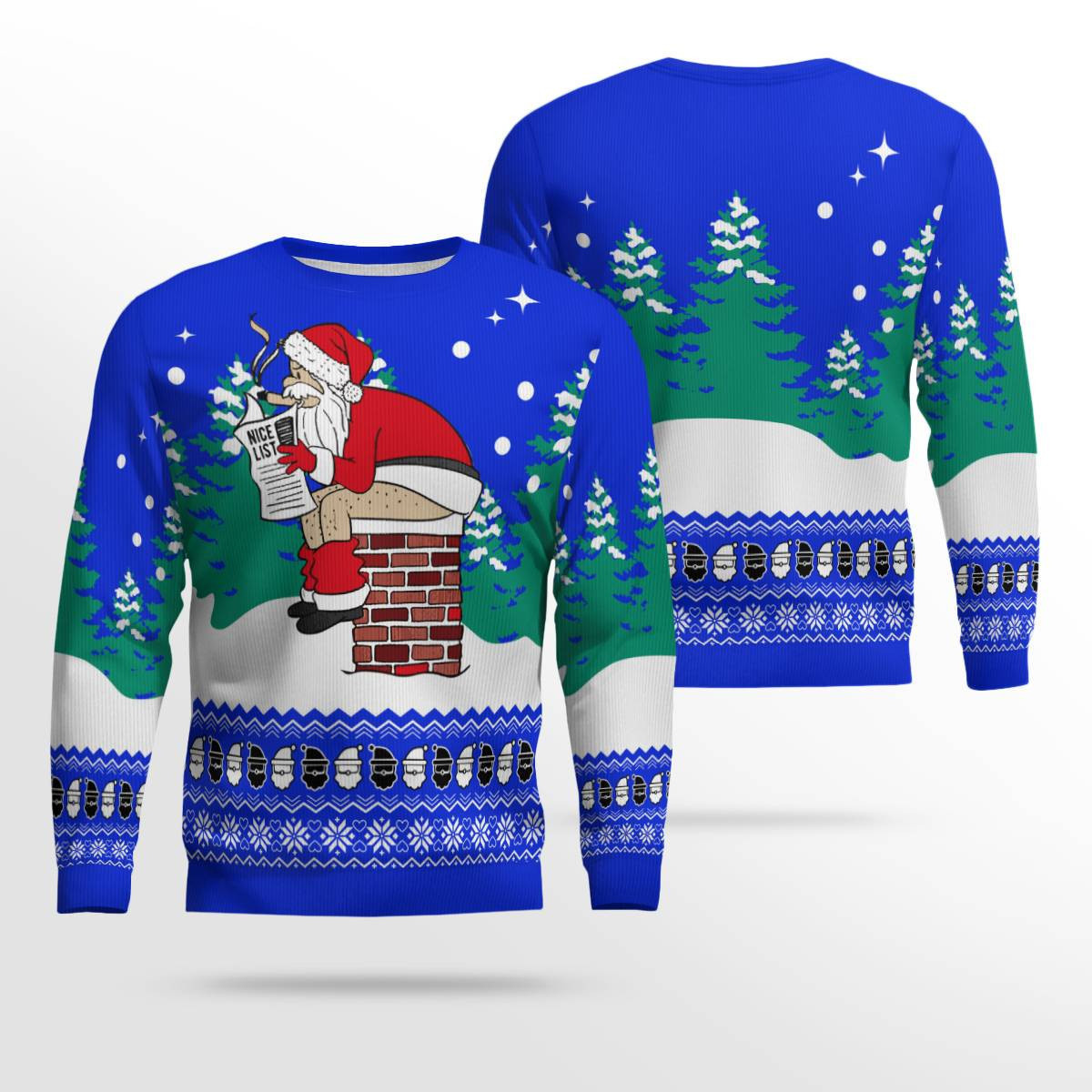 Funny Santa Sits On The Chimney Ugly Christmas Sweater Blue - Skullridding