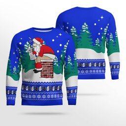 Funny Santa Sits On The Chimney Ugly Christmas Sweater Blue - Skullridding
