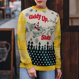 Giddy Up Sluts Ugly Christmas Sweater Gold Metallic