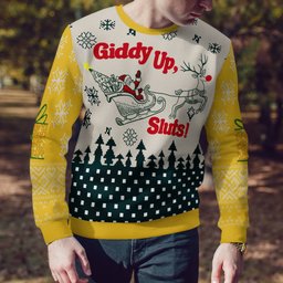 Giddy Up Sluts Ugly Christmas Sweater Gold Metallic