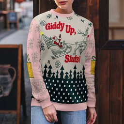 Giddy Up Sluts Ugly Christmas Sweater Powder Pink