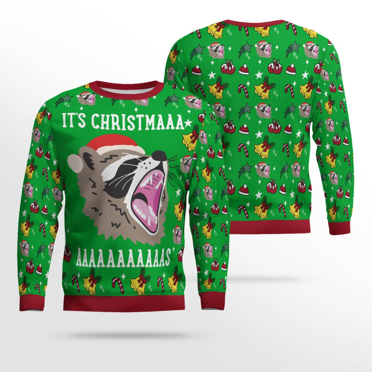 Raccoon It's Christmas Ugly Christmas Sweater Green