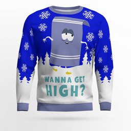 Southpark Towelie Red Eyes Wanna Get High Ugly Christmas Sweater Blue