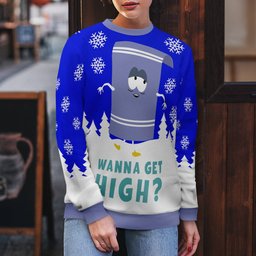 Southpark Towelie Red Eyes Wanna Get High Ugly Christmas Sweater Blue