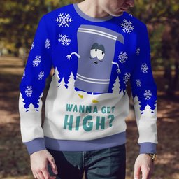 Southpark Towelie Red Eyes Wanna Get High Ugly Christmas Sweater Blue