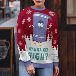 Southpark Towelie Red Eyes Wanna Get High Ugly Christmas Sweater Red