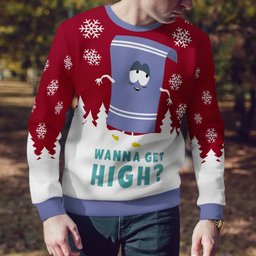 Southpark Towelie Red Eyes Wanna Get High Ugly Christmas Sweater Red