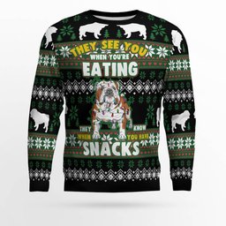 Bulldog They See You When You're Eating Snack Ugly Christmas Sweater Black