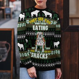 Bulldog They See You When You're Eating Snack Ugly Christmas Sweater Black
