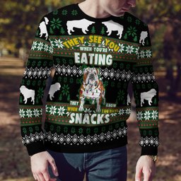 Bulldog They See You When You're Eating Snack Ugly Christmas Sweater Black