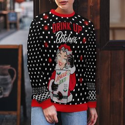 Drink Up Bitches Ugly Christmas Sweater Black