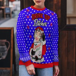 Drink Up Bitches Ugly Christmas Sweater Blue