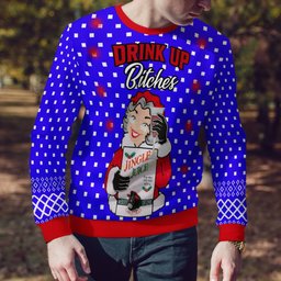 Drink Up Bitches Ugly Christmas Sweater Blue