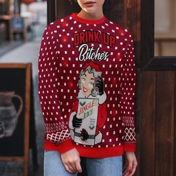 Drink Up Bitches Ugly Christmas Sweater Burgundy