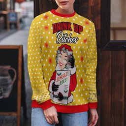 Drink Up Bitches Ugly Christmas Sweater Gold Metallic