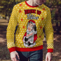 Drink Up Bitches Ugly Christmas Sweater Gold Metallic
