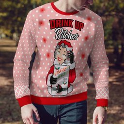 Drink Up Bitches Ugly Christmas Sweater Powder Pink
