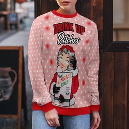 Drink Up Bitches Ugly Christmas Sweater Powder Pink