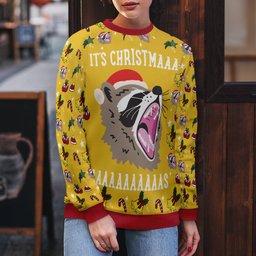 Raccoon It's Christmas Ugly Christmas Sweater Gold Metallic