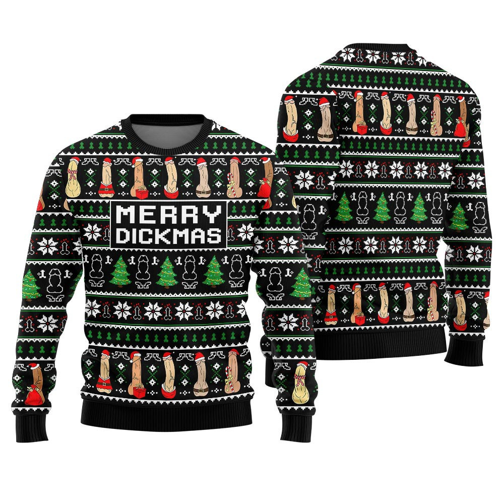 Merry Dickmas Inappropriate Men's Ugly Christmas Sweater Black