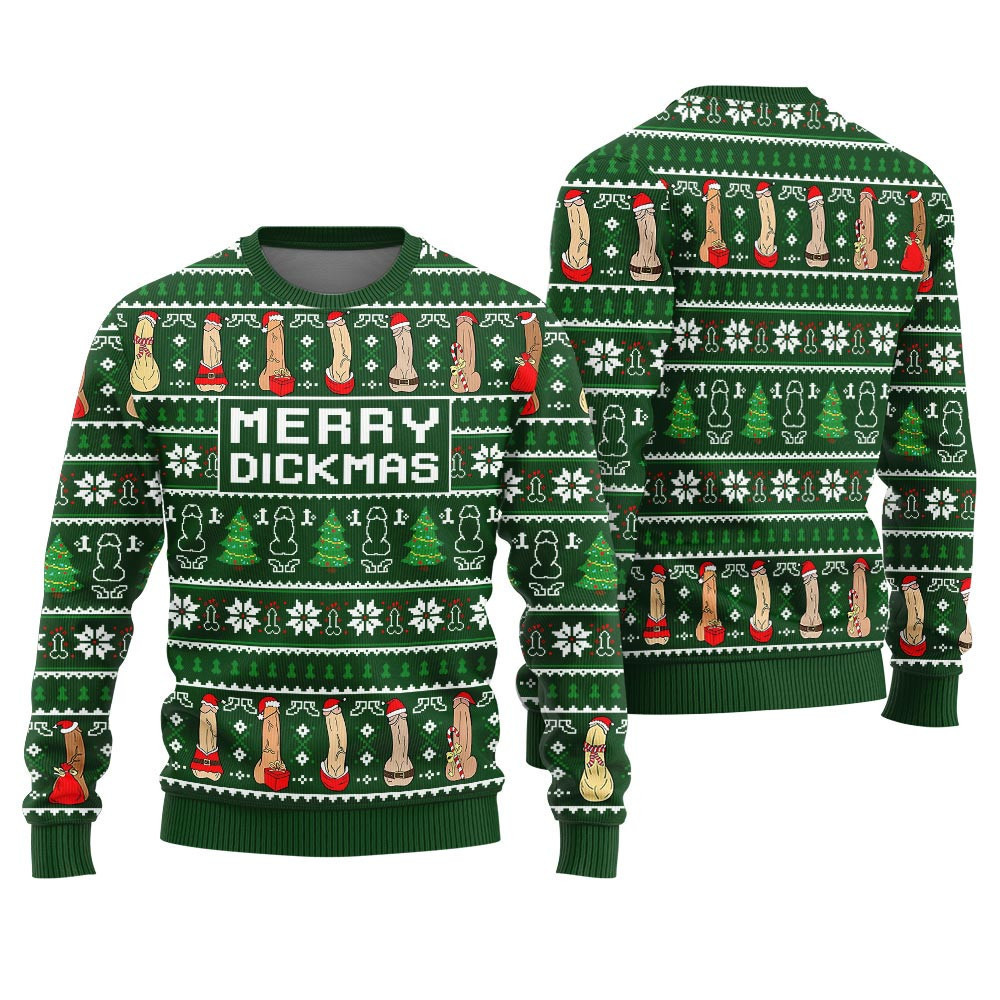Merry Dickmas Inappropriate Men's Ugly Christmas Sweater Green