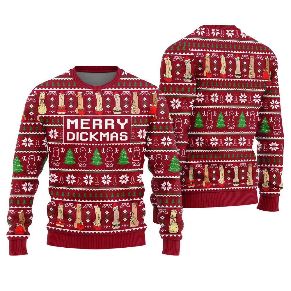 Merry Dickmas Inappropriate Men's Ugly Christmas Sweater Red