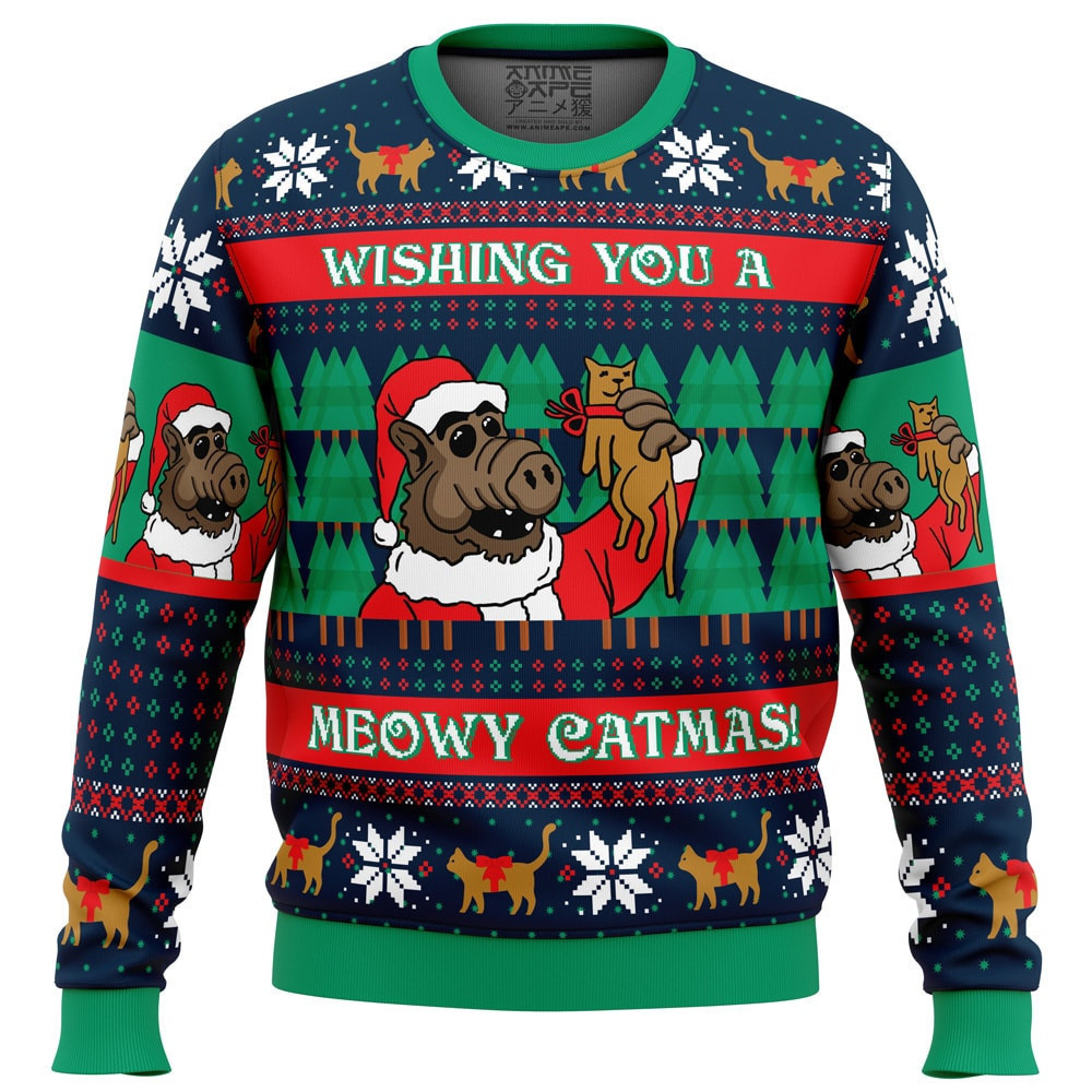 Wishing You a Meowy Catmas Ugly Christmas Sweater - Skullridding