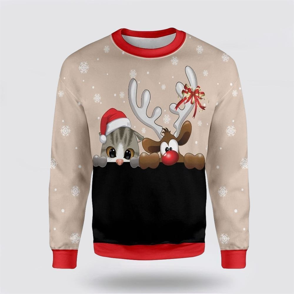 Cat and Reindeer Ugly Christmas Sweater - Skullridding