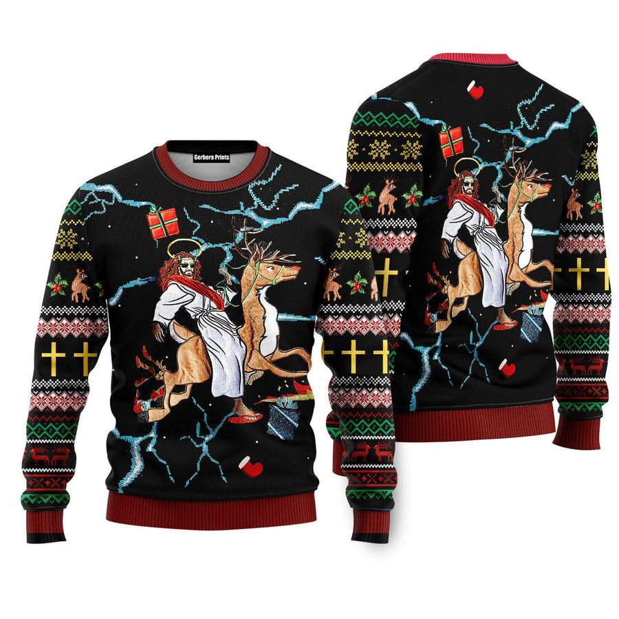 Jesus Riding Reindeer Black Christmas Ugly Christmas Sweater - Skullridding