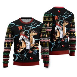 Jesus Riding Reindeer Black Christmas Ugly Christmas Sweater - Skullridding
