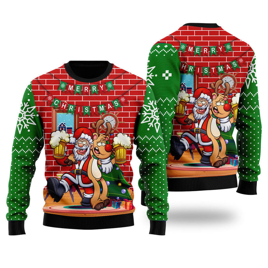 Santa Drink Beer With Reindeer Funny Ugly Christmas Sweater - Skullridding