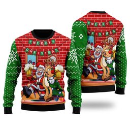 Santa Drink Beer With Reindeer Funny Ugly Christmas Sweater - Skullridding