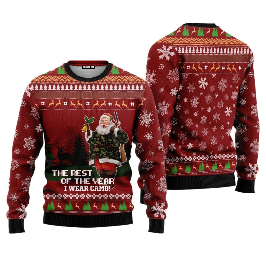 Deer Hunter and Santa Slaus The Rest Of The Year I Wear Camo Ugly Christmas Sweater - Skullridding