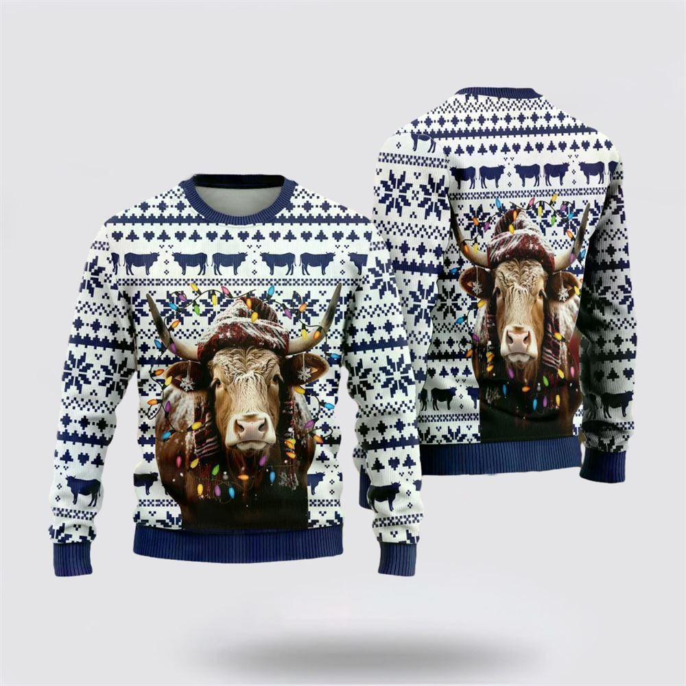 Texas Longhorn Cows Ugly Christmas Sweater - Skullridding
