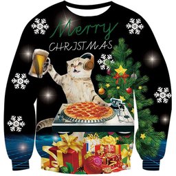 Jing Beer Pizza Cat Ugly Christmas Sweater - Skullridding