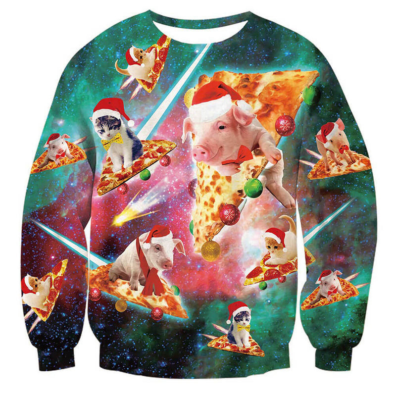 Pig Cat Pizza Ugly Christmas Sweater - Skullridding