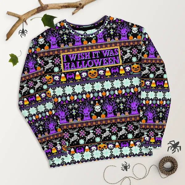 I Wish It Was Halloween Ugly Christmas Sweater - Skullridding