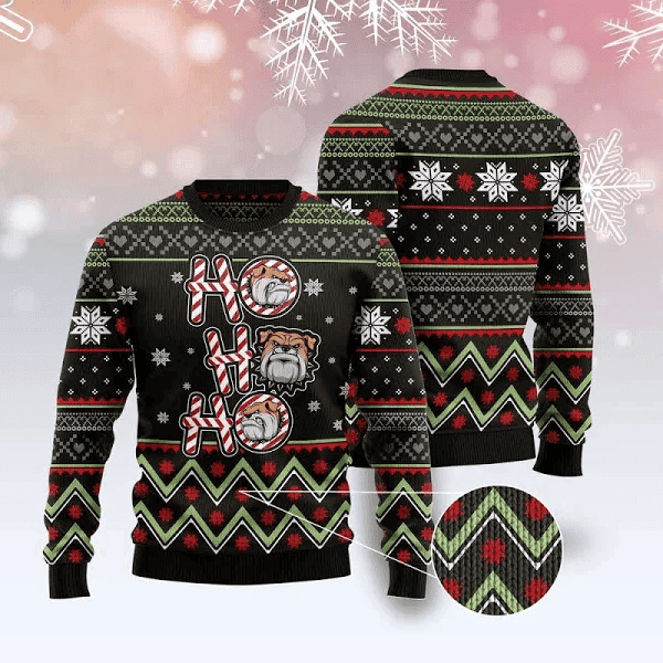 Bulldog HO HO HO Ugly Christmas Sweater - Skullridding