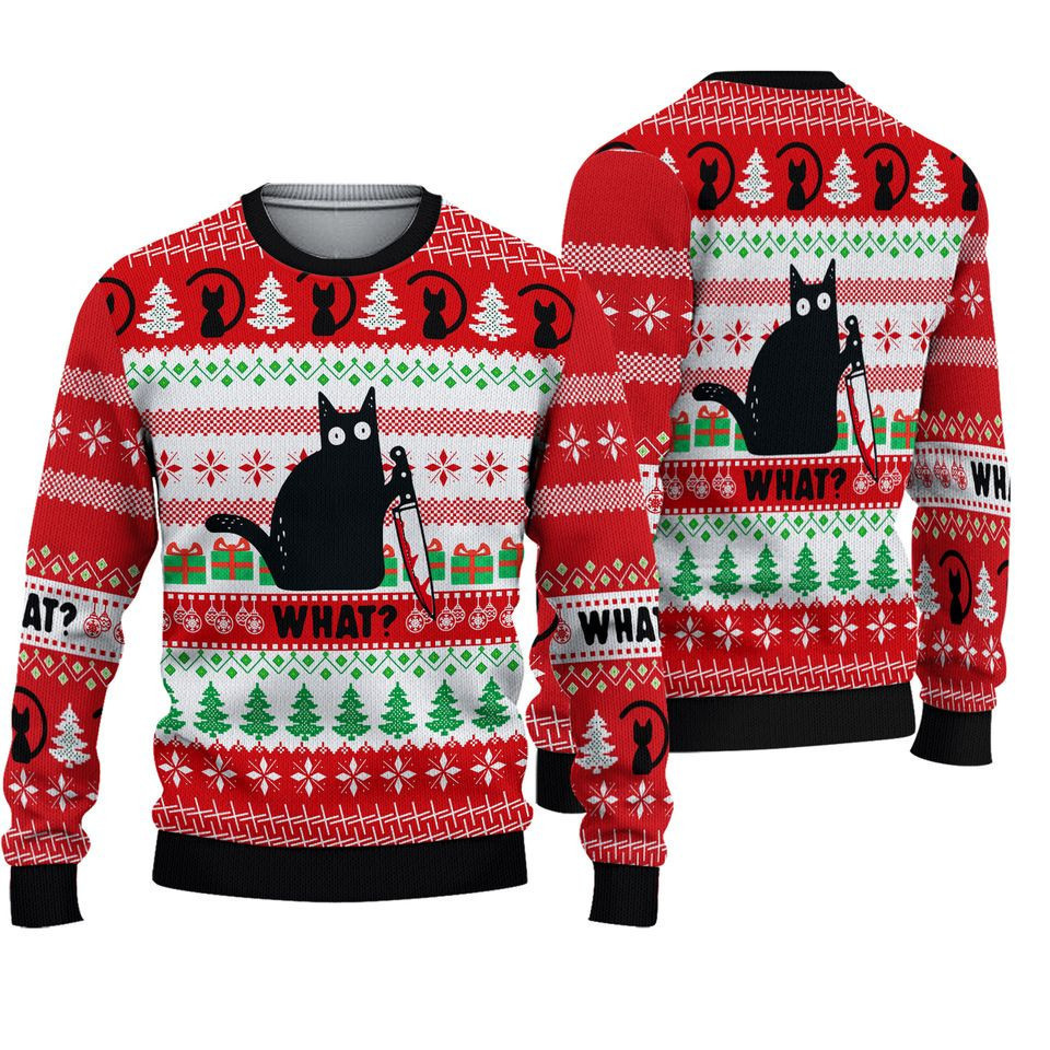 Black Cat What Ugly Christmas Sweater - Skullridding