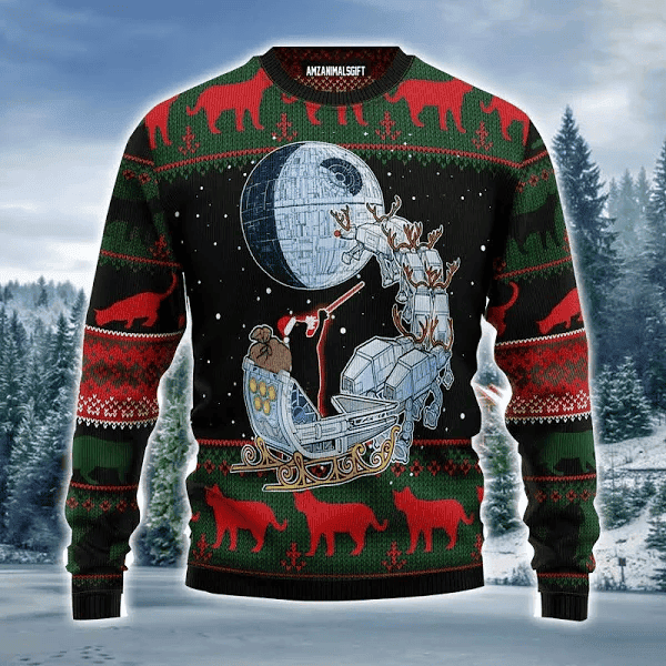 Black Cat Sleigh to Death Star Ugly Christmas Sweater - Skullridding