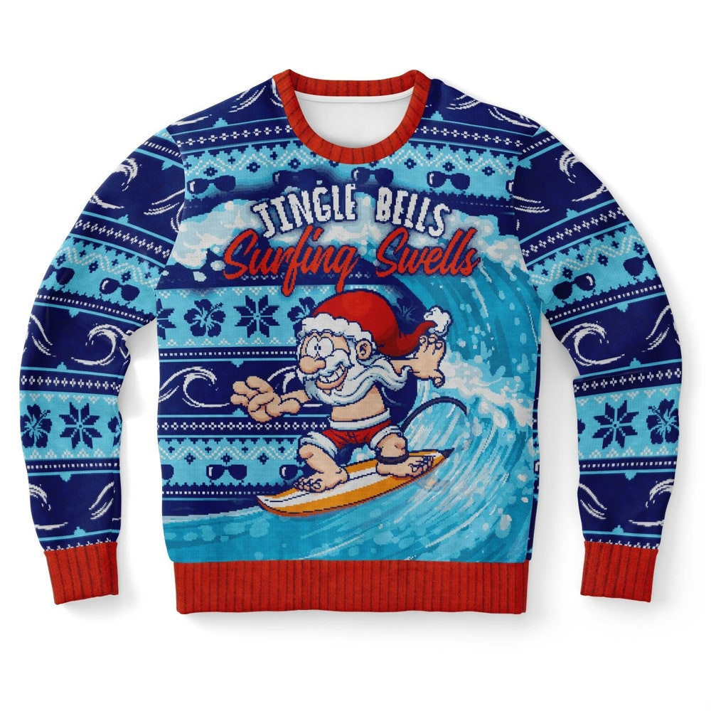 Jingle Bells Surfing Swells Santa Surf Ugly Christmas Sweater - Skullridding