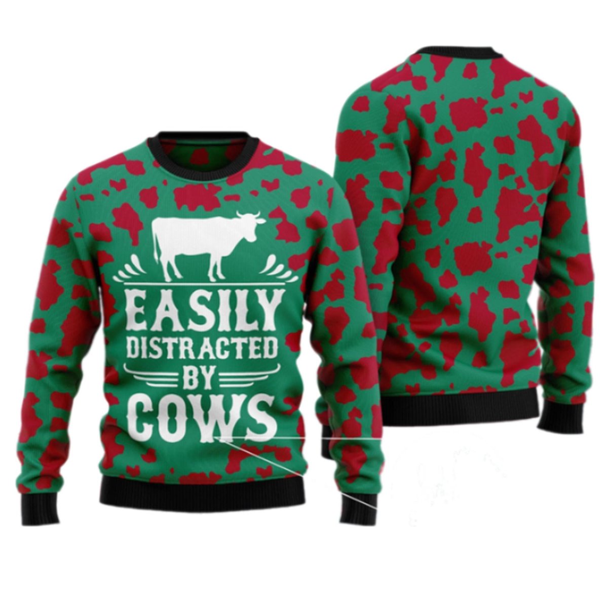 Easily Distracted By Cows Ugly Christmas Sweater - Skullridding
