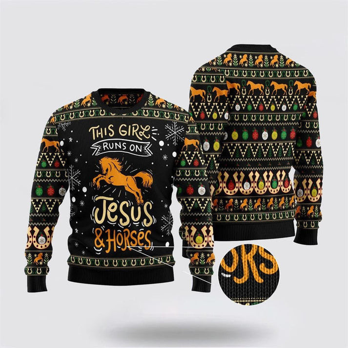 This Girls Run On Jesus And Horses Ugly Christmas Sweater - Skullridding