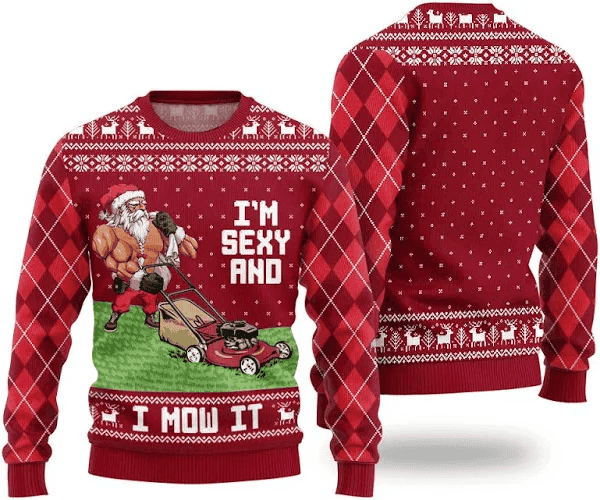 Funny Swole Santa Claus Sexy and Mow It Ugly Christmas Sweater - Skullridding