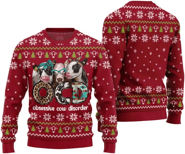 Funny Cow OCD Obsessive Cow Disorder Ugly Christmas Sweater Red - Skullridding