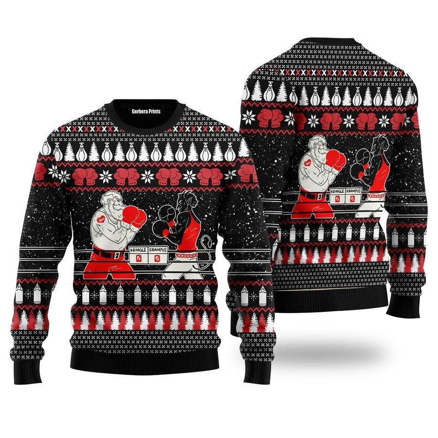 Boxing Santa and Krampus Funny Ugly Christmas Sweater - Skullridding