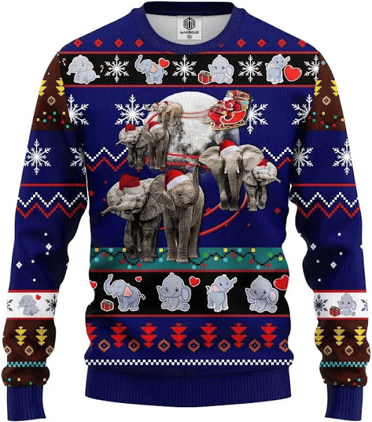 Blue Amazing Elephant Noel Ugly Christmas Sweater - Skullridding