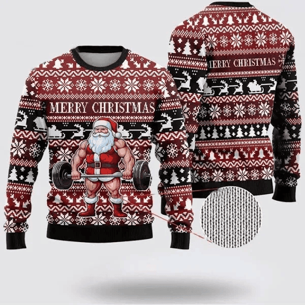 Santa Weightlifting Ugly Christmas Sweater - Skullridding